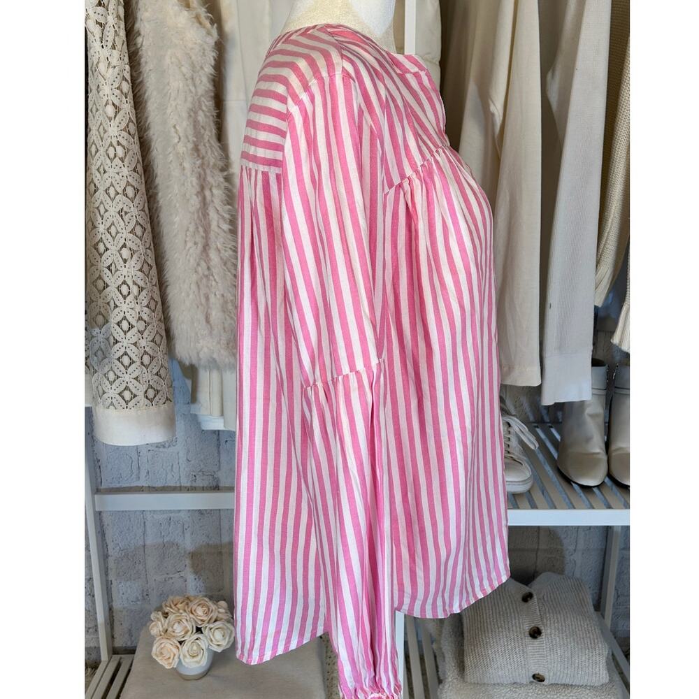 Old Navy Women's Sz M Pink & White Striped Peasant Style Button Up Blouse #0207 - Picture 2 of 8